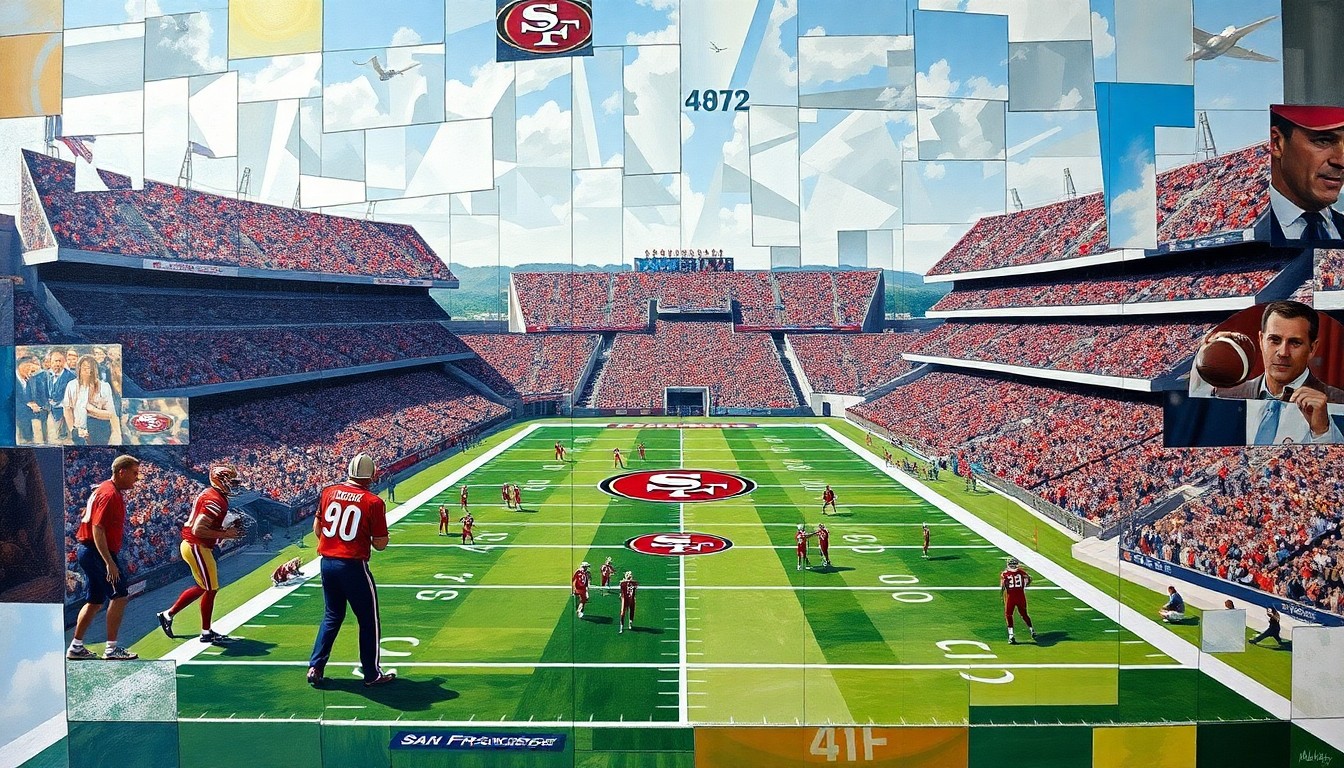 A cubist, geometric painting depicting the San Francisco 49ers' football field and players in a fractured, multi-perspective style, conceptually representing the stability and success the team has found under Jed York's trust-based leadership.