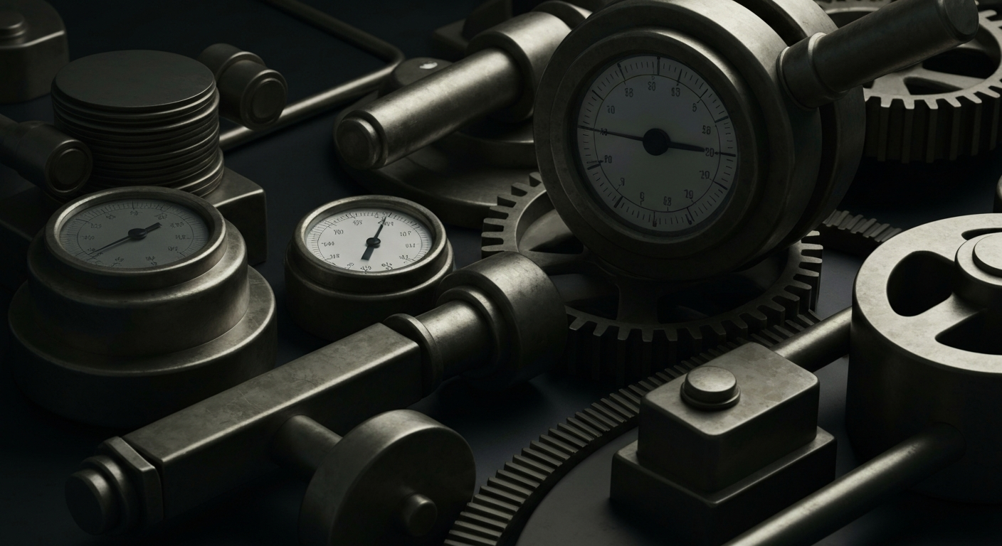 A highly detailed, black-and-white close-up image of various mechanical components and industrial equipment, conceptually representing the underlying infrastructure and technical complexities of the stock market.
