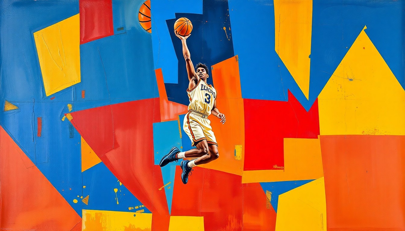 A cubist-style painting depicting a basketball player's jump shot broken down into overlapping geometric shapes and planes in shades of blue, red, and yellow.