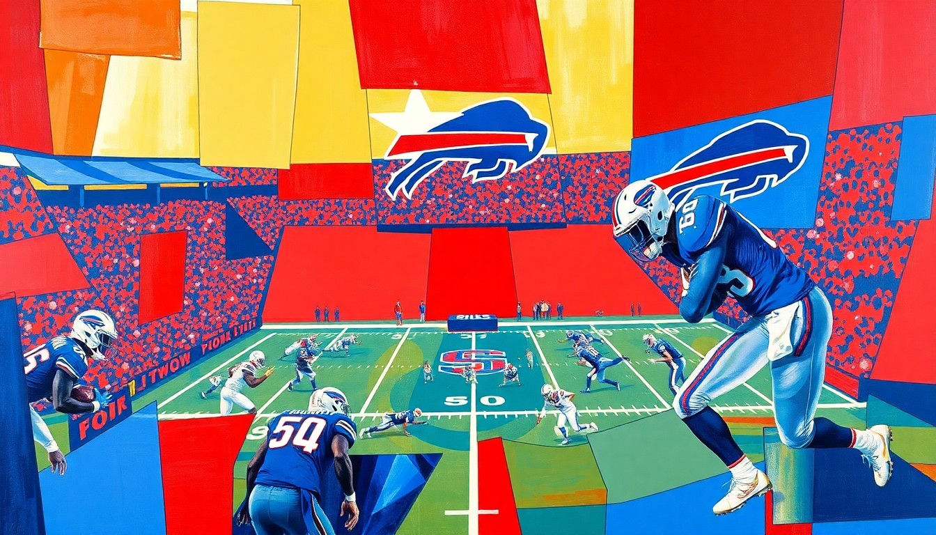 A fractured, cubist-style painting depicting a Buffalo Bills football game, with players and the field broken down into sharp, overlapping geometric shapes and planes in shades of blue and red, capturing the dynamic energy and potential of the team's offseason transformation.