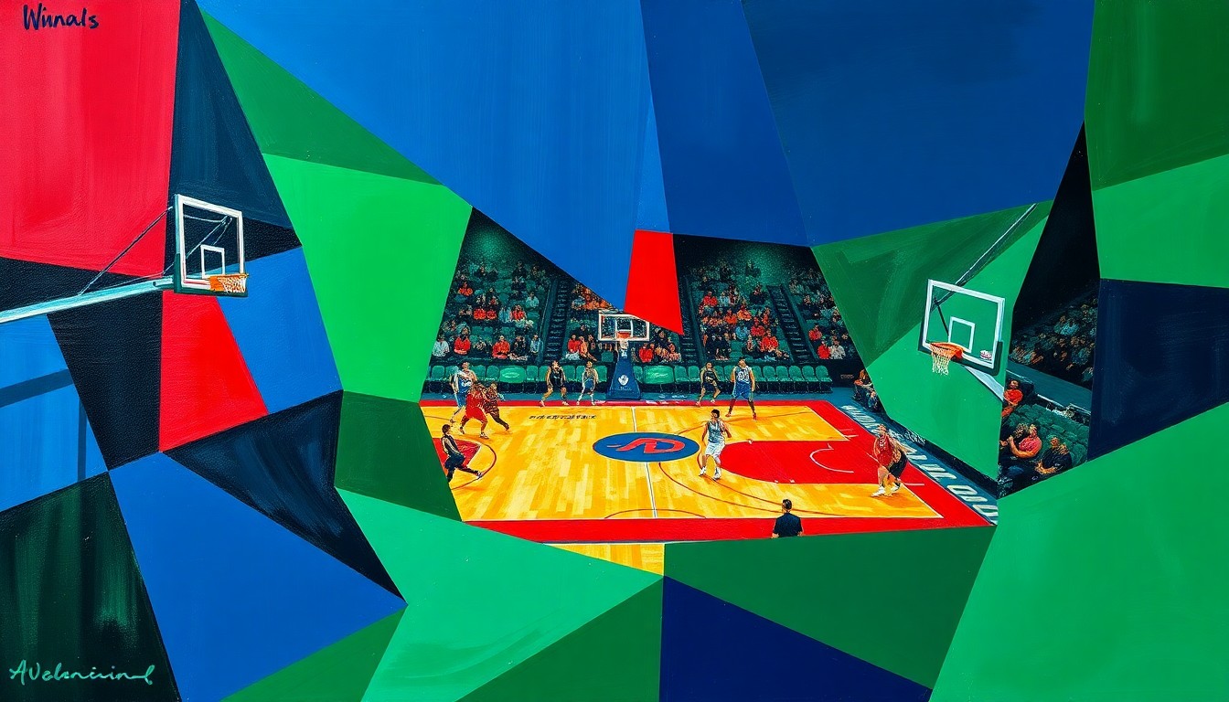 A cubist, geometric painting depicting a fragmented WNBA basketball game, with sharp planes of navy, green, and red overlapping to create a dynamic, abstract scene.