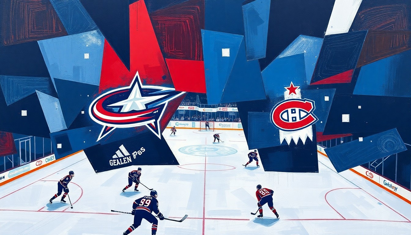A fractured, geometric painting in Picasso's cubist style, featuring overlapping planes of navy blue, red, and white, capturing the dynamic action and energy of a hockey game between the Columbus Blue Jackets and Montreal Canadiens.