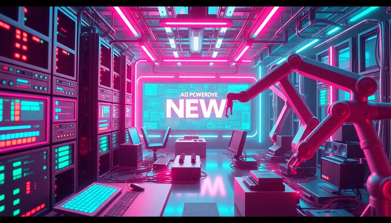 A highly detailed, glowing 3D illustration of a futuristic AI-powered news production system, with neon cyan and magenta lights illuminating the complex array of servers, cables, and robotic arms. The scene conveys the power and potential of AI in the modern newsroom, while also hinting at the tensions and uncertainties surrounding its implementation.