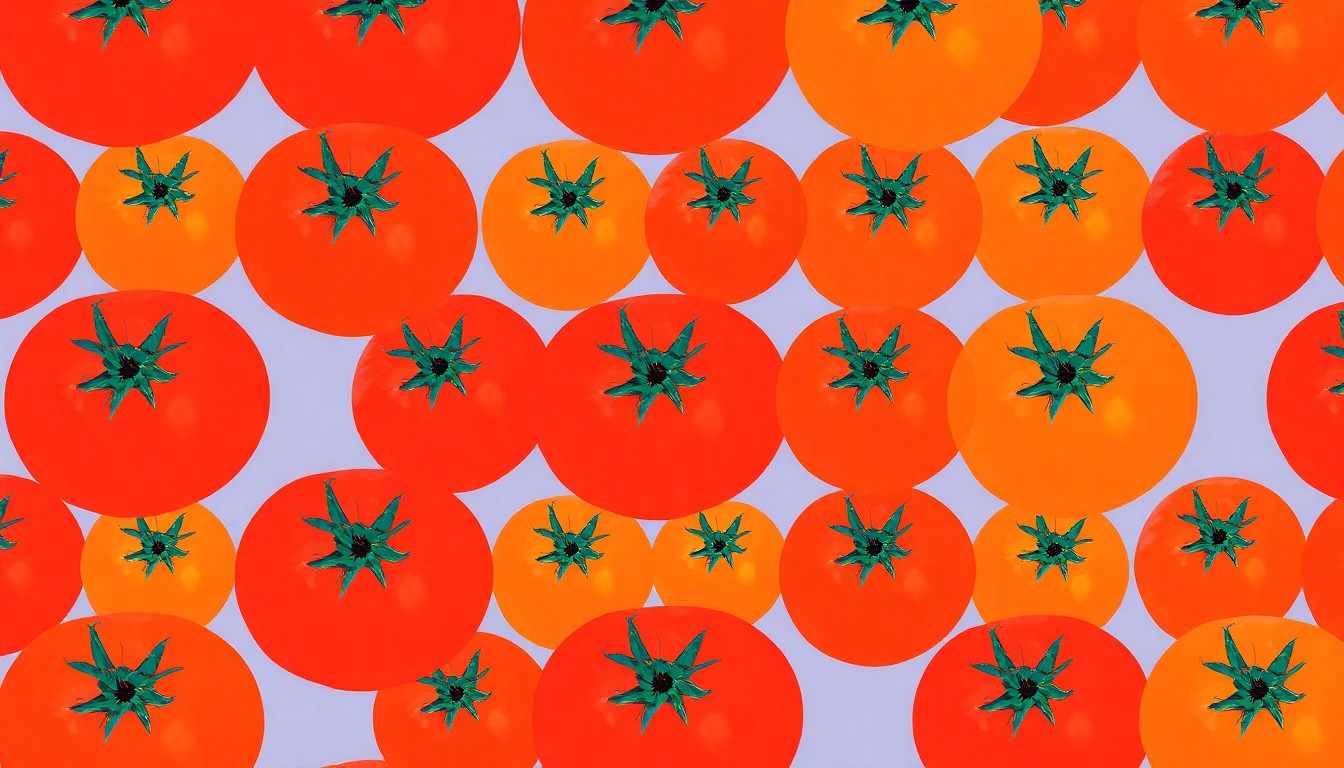 A high-contrast, silkscreen-style illustration featuring a repeating grid of a single, iconic tomato fruit in a palette of neon pink, orange, and green, conceptually representing the diverse array of tomato varieties available at the annual plant sale.