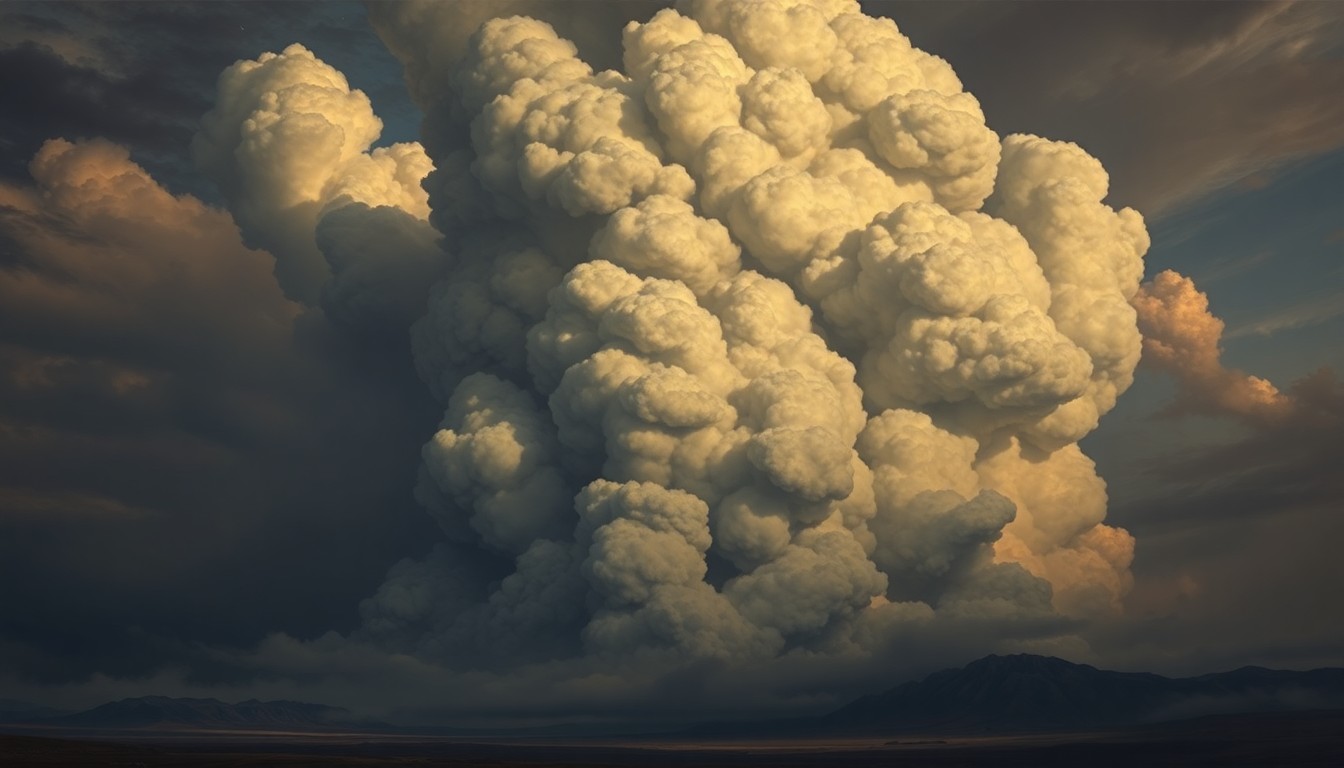 A dramatic, atmospheric landscape painting depicting a massive, billowing column of smoke rising against a dark, turbulent sky, conveying the overwhelming scale and power of the natural disaster.