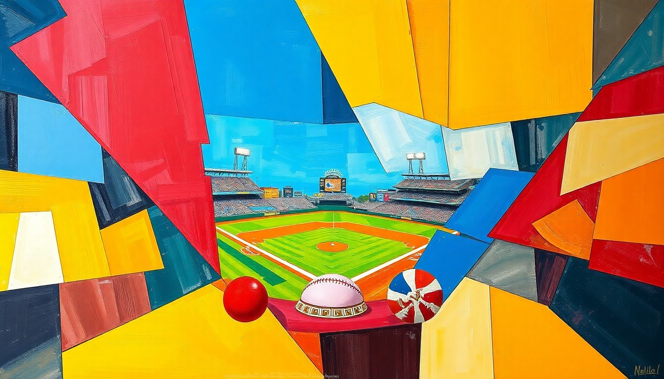 A fragmented, geometric painting in bold colors depicting the dynamic energy and multiple perspectives of a baseball game, conveying the analytical insights of this player prop breakdown.