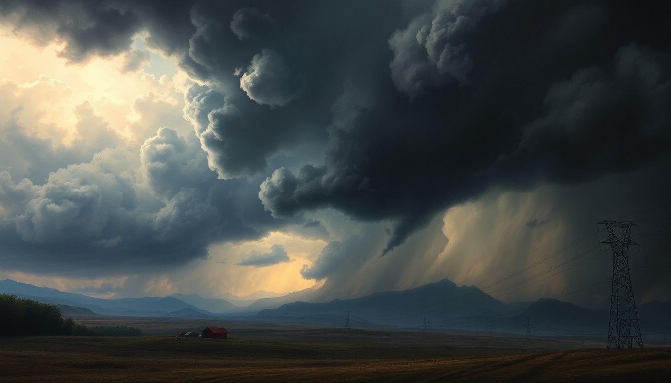A vast, atmospheric landscape painting in muted tones of gray, blue, and gold, depicting a powerful storm system dominating the skyline and dwarfing the silhouettes of power lines and buildings below, conveying the overwhelming scale and power of nature.