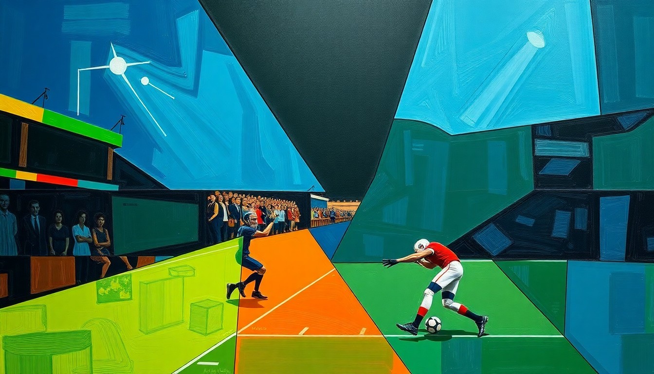 A cubist, geometric painting depicting fragmented and overlapping shapes representing a football game or contract negotiation, using bold colors like navy, green, and orange to convey the complex dynamics between the NFL and NFLPA.