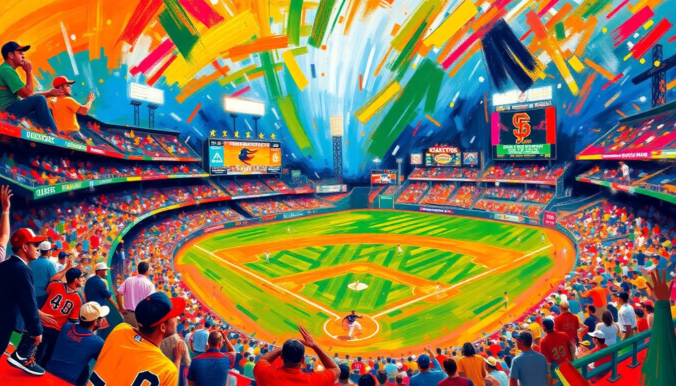 An abstract, expressionist painting in vibrant neon colors, with rapid brushstrokes conveying the dynamic energy of a baseball game.