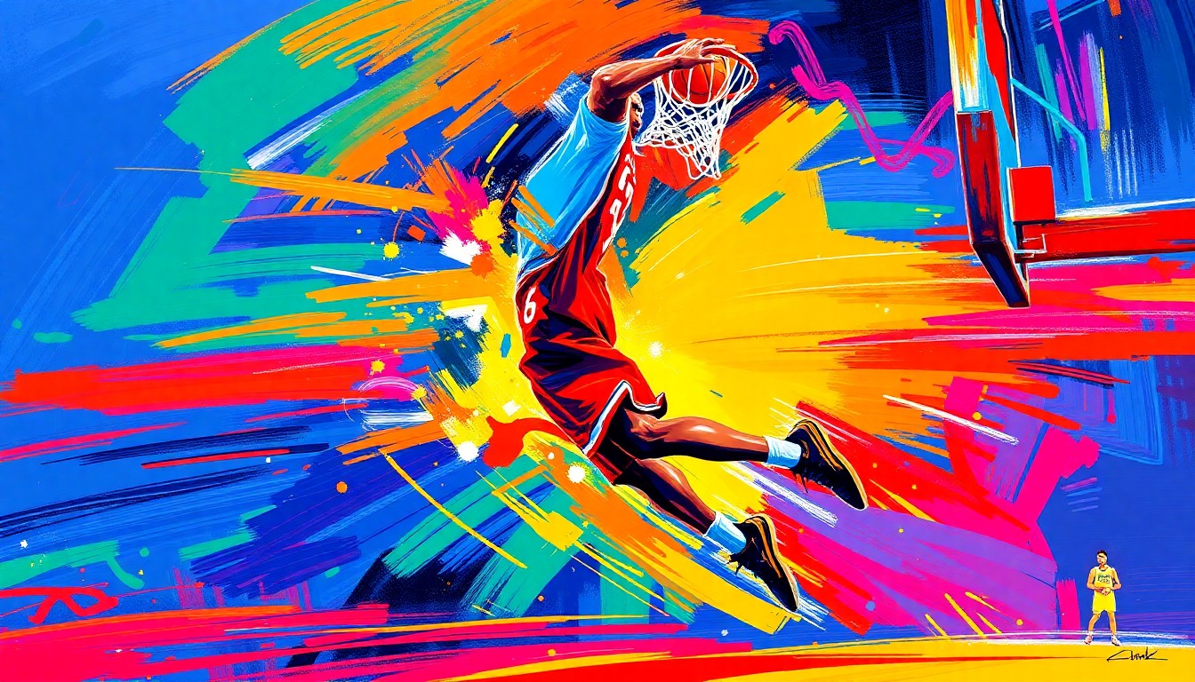 An abstract, expressionist painting in neon colors depicting the dynamic movement and energy of a basketball player driving to the hoop, capturing the raw athleticism and potential of a young NBA player.