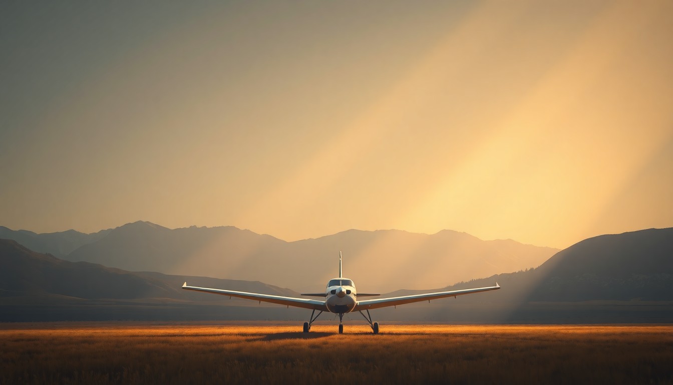 A serene oil painting depicting a small private plane resting in a remote field, with warm sunlight casting dramatic shadows across the scene, conceptually representing the emergency landing of a senator's aircraft.