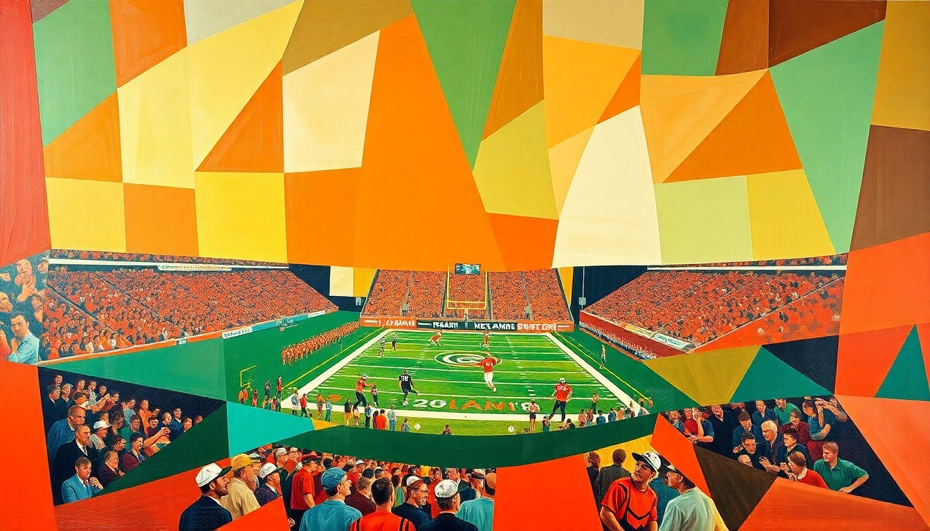 A fragmented, abstract painting depicting a Miami Hurricanes football game, with the players and field broken down into sharp, overlapping geometric shapes in the team's signature orange and green colors.