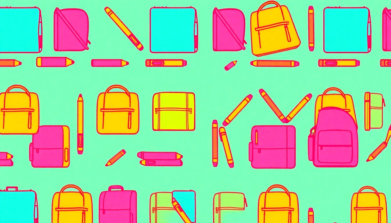 A high-contrast, silkscreen-style illustration featuring a repeated pattern of a single school supply item, such as a pencil or notebook, in a grid of neon colors and heavy black outlines, conceptually representing the tensions between cultural observances and educational priorities in the Fairfax County school system.