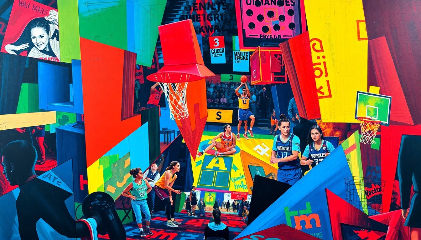 A fragmented, cubist-style painting depicting the dynamic movements and energy of a WNBA basketball game, with sharp geometric shapes and planes in bold, vibrant colors conceptually representing the signing of a veteran player to a team in transition.