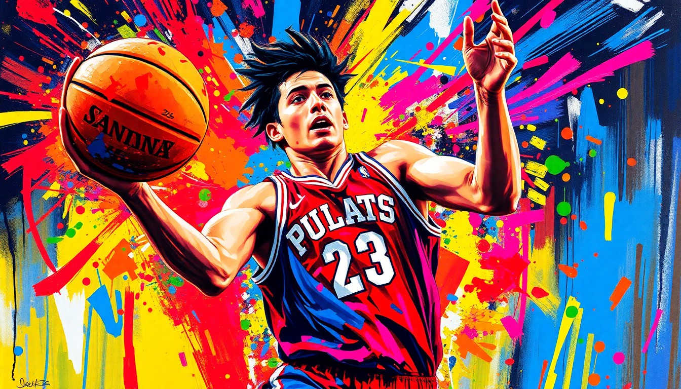 An abstract, expressionist painting featuring vibrant neon brushstrokes and splatters of paint, capturing the dynamic movement and scoring prowess of a young basketball player in action.