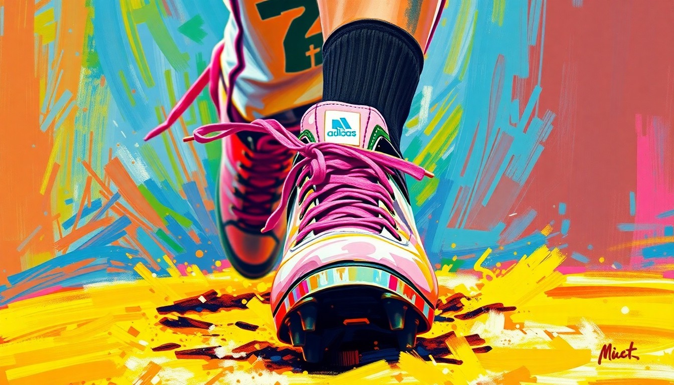 An abstract, expressionist painting featuring rapid, neon-colored brushstrokes that capture the dynamic motion of a baseball pitcher throwing a pitch, with the vibrant pink shoelaces of his cleats as the focal point of the composition.