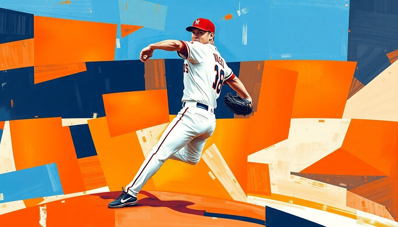 A cubist, geometric painting depicting a baseball pitcher's windup and delivery, with sharp, overlapping planes in the Astros' team colors of orange, navy, and white, capturing the raw power and energy of the game.