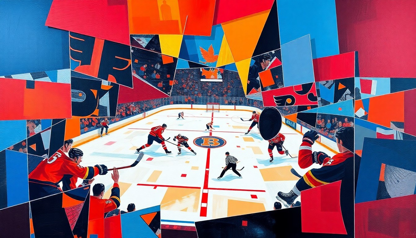A cubist, geometric painting depicting a hockey game between the Washington Capitals and Philadelphia Flyers, with sharp, overlapping planes of vibrant red, blue, orange, and black colors capturing the dynamic energy of the match.