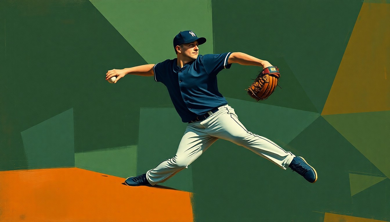 A cubist, geometric painting depicting a baseball pitcher's motion broken down into overlapping planes of navy, forest green, and burnt sienna colors, conveying the fragmented nature of the Cubs' pitching situation.