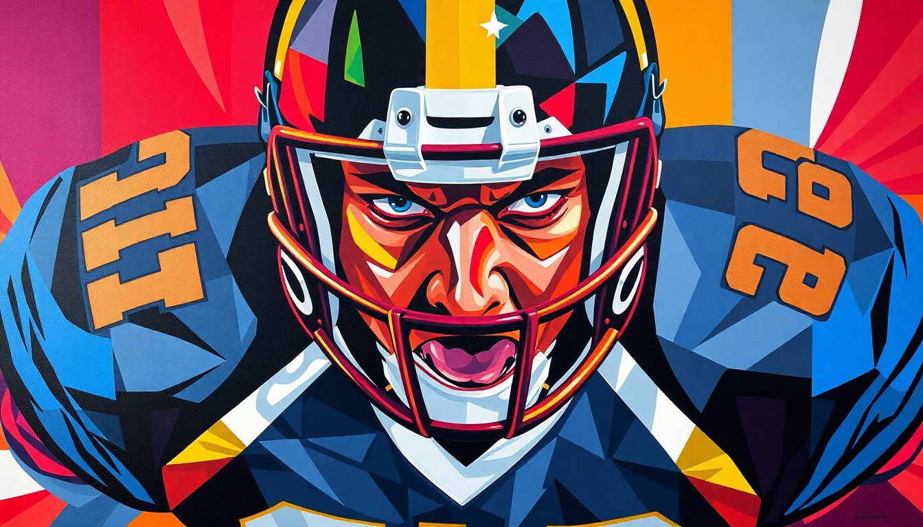 A fragmented, geometric painting depicting the movements and physicality of a high school football defensive lineman, with sharp planes of color representing the player's uniform.