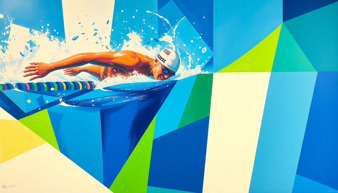 A fractured, cubist-style painting depicting the dynamic movements and competition of a 400m freestyle swimming race, with overlapping geometric shapes and planes in vibrant blues, greens, and whites.
