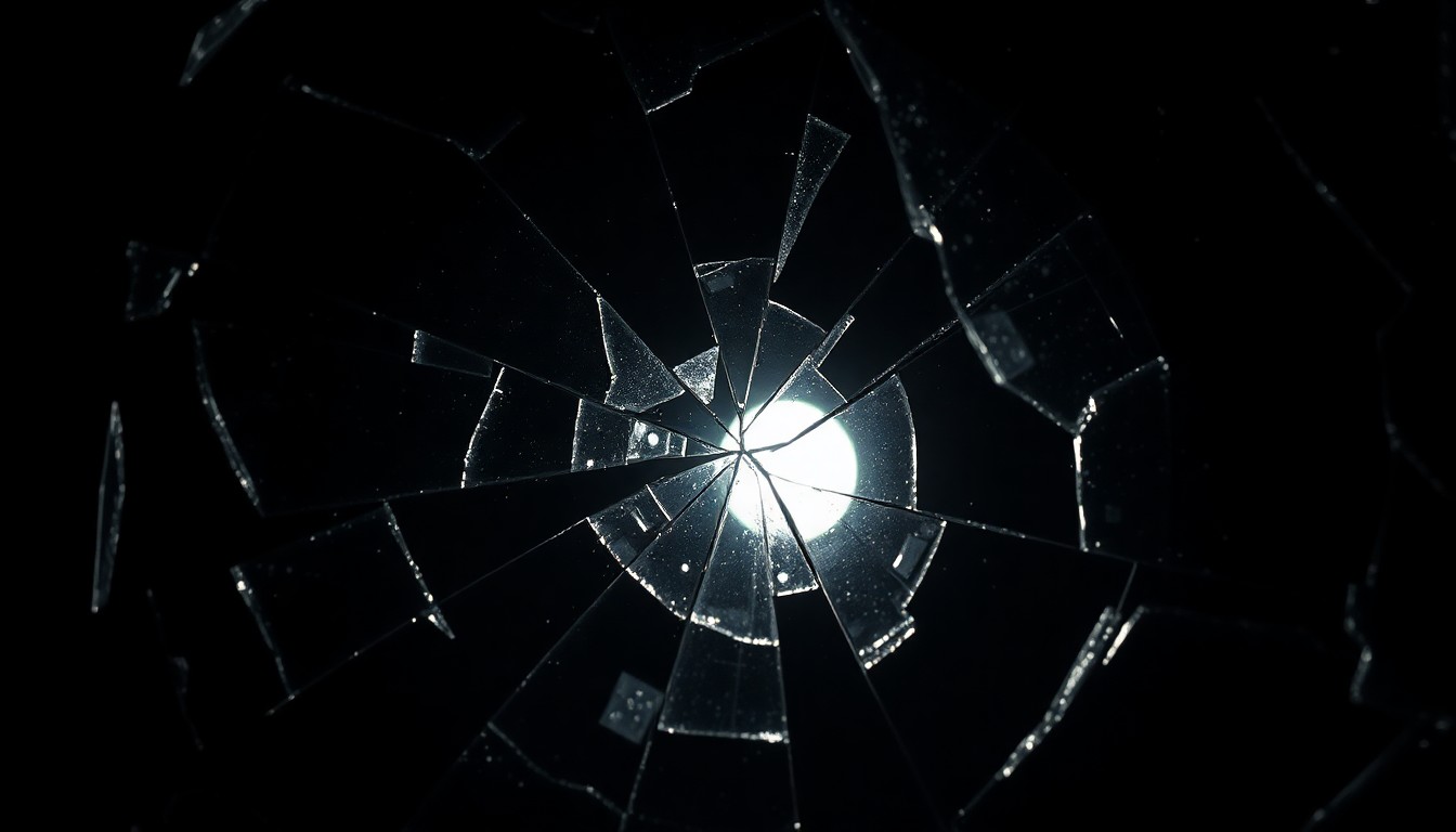 An abstract close-up image of shattered glass reflecting a dim, moody light, conveying a sense of psychological fracture and distress.