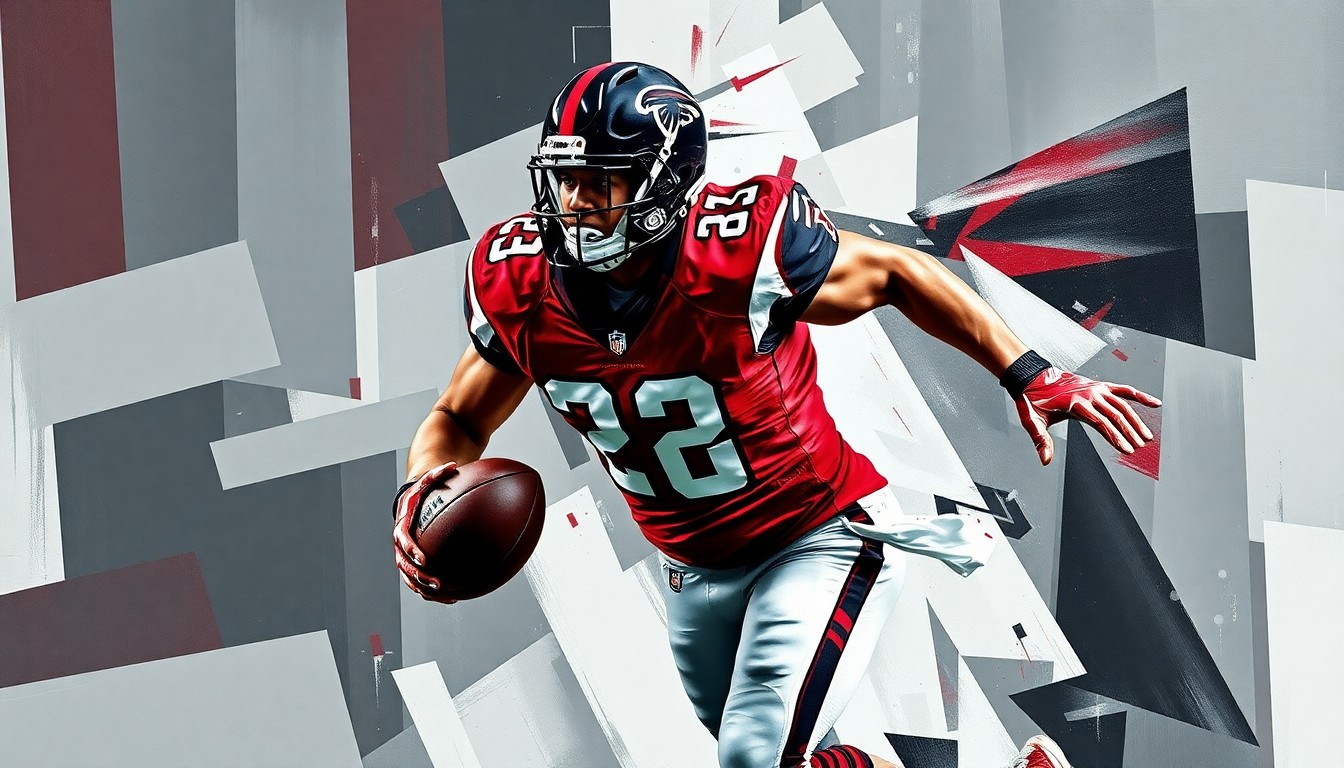 A fragmented, cubist-style painting depicting a football player in motion, with sharp, overlapping geometric shapes in the team colors of red, black, and white, conceptually representing the multifaceted nature of a veteran player's legacy and impact on a franchise.