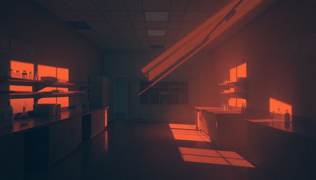 A dimly lit, cinematic painting of an empty academic research laboratory, with warm sunlight streaming in through the windows and casting deep shadows across the space, conveying a sense of contemplation and unease.