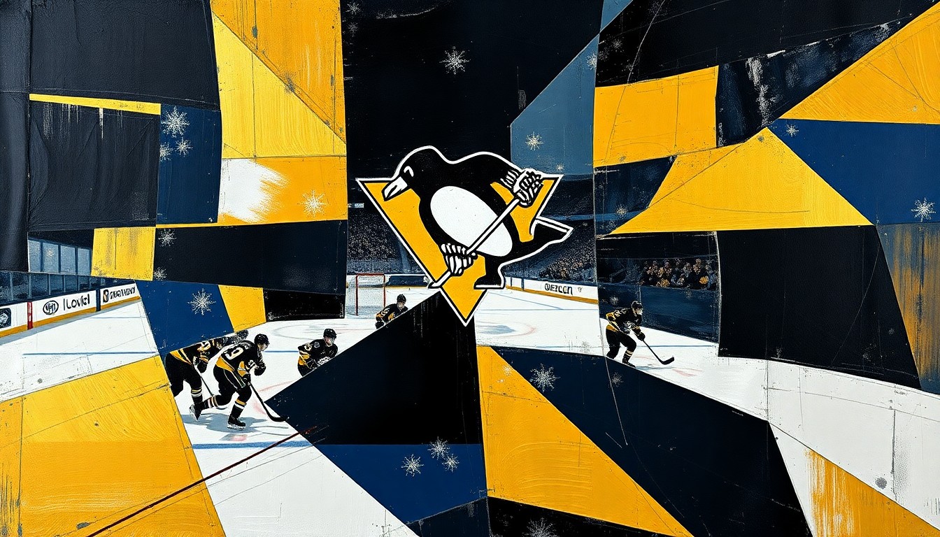 A cubist, geometric painting depicting a Pittsburgh Penguins hockey game, with the players and ice rink broken down into sharp, overlapping planes of black, gold, and navy blue, capturing the team's intricate playoff push.