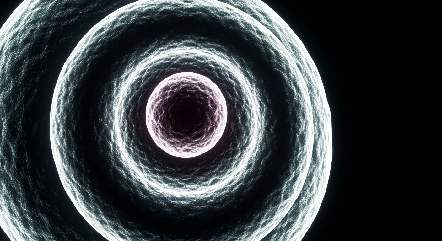 An extreme close-up of a human blood cell magnified to reveal its intricate internal structures, glowing with a ghostly, translucent quality against a dark background, conceptually representing the advanced medical technology used to detect early-stage leprosy.