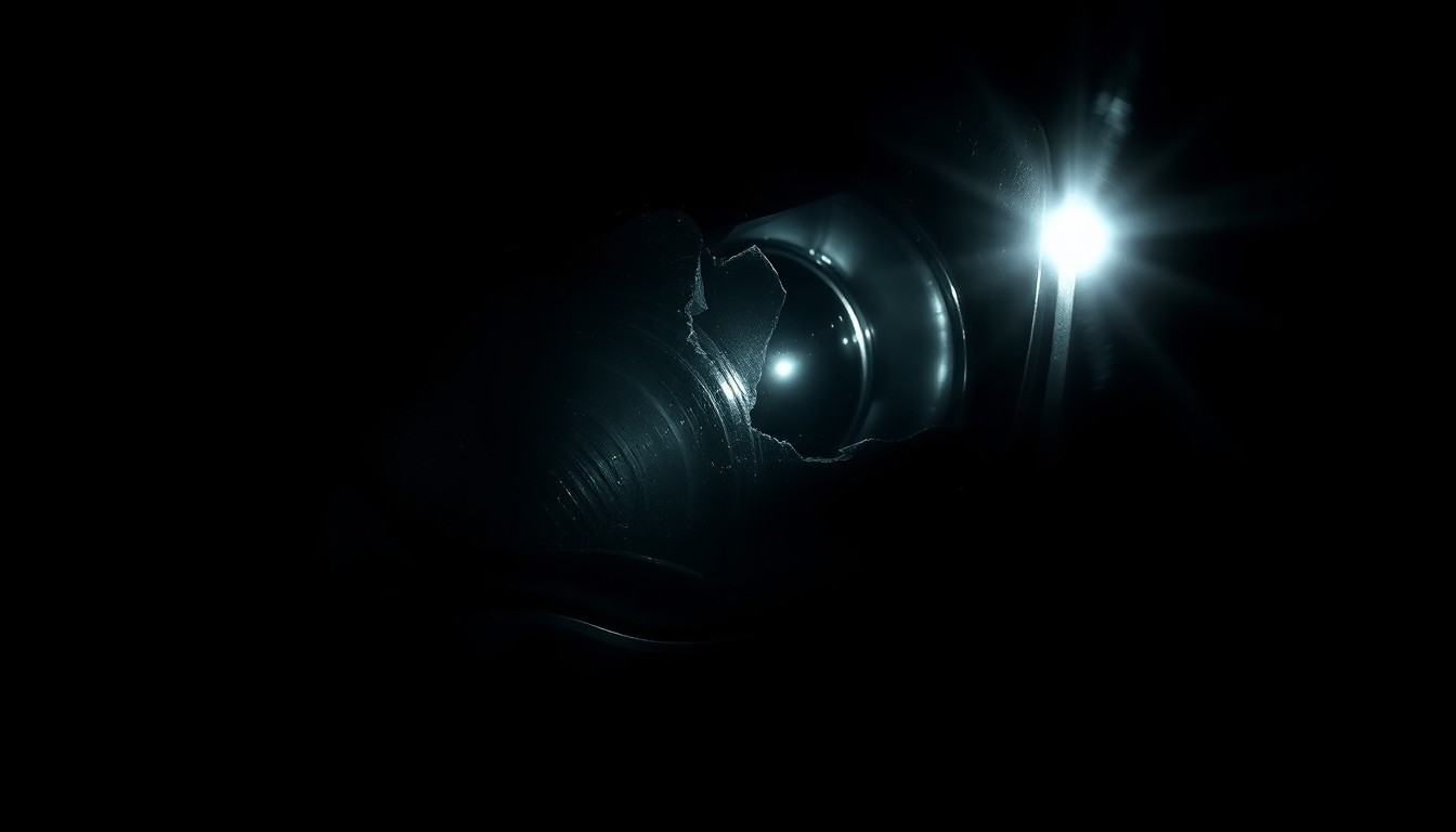 An extreme close-up photograph of a damaged car sensor or headlight lens, reflecting a faint red light, conceptually illustrating the aftermath of a vehicle crashing into a home.