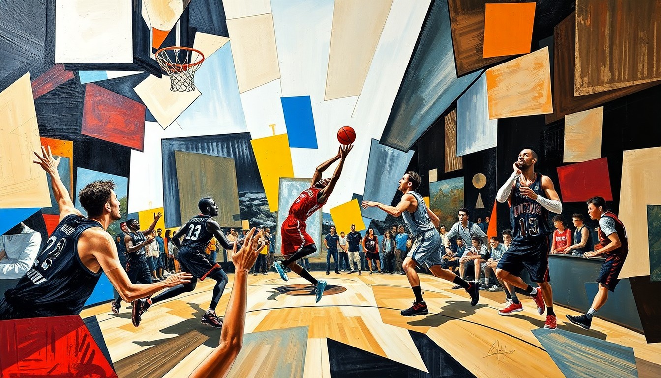 A cubist-style painting depicting a basketball game in motion, with players and the ball broken down into sharp, overlapping geometric shapes and planes in vibrant colors, conveying the dynamic energy of the sport.