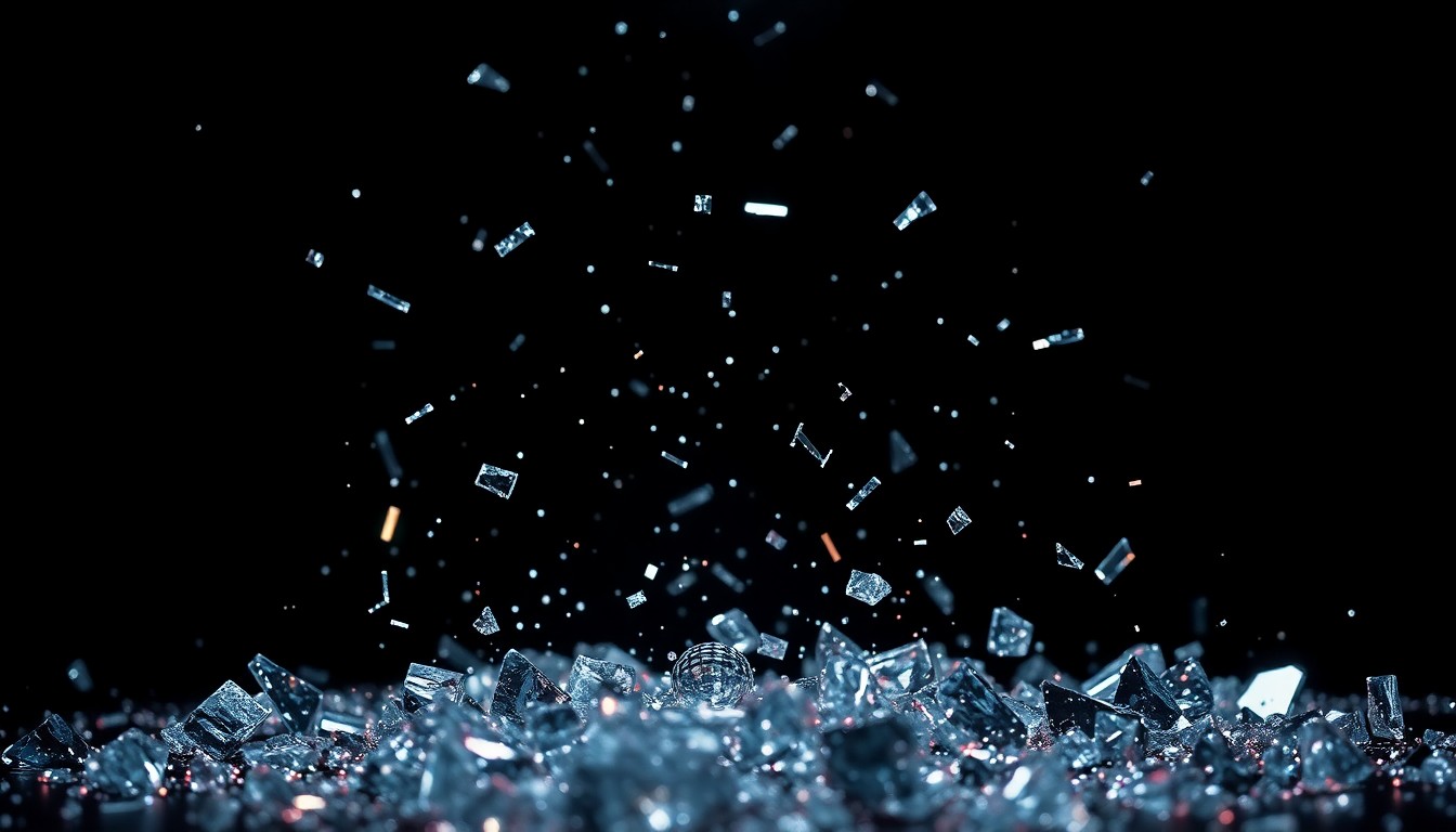 An extreme close-up of shattered glass fragments from a disco ball, reflecting the glitz and energy of a rock concert performance.