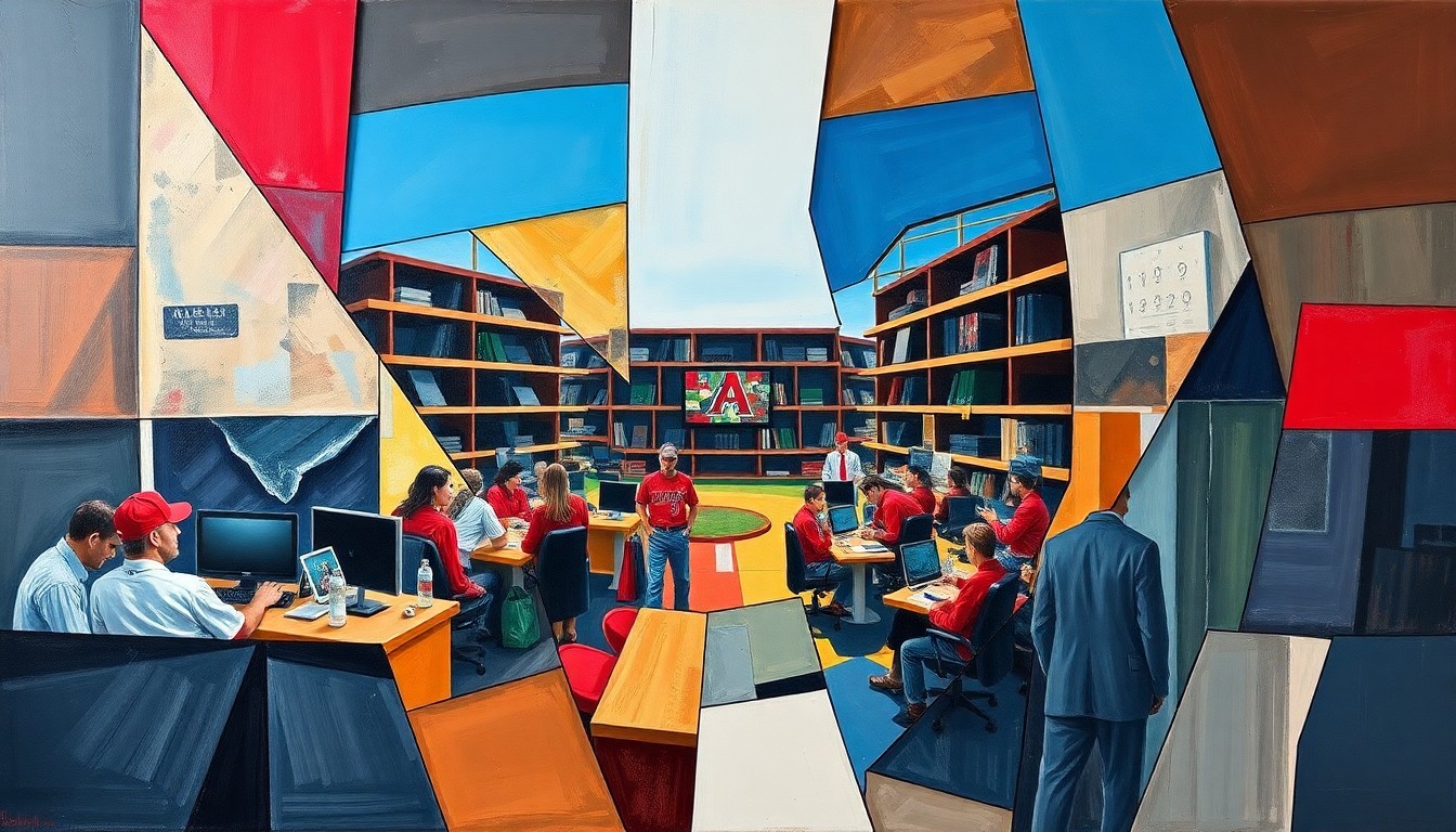 A fractured, geometric painting in the style of Pablo Picasso, depicting the Arizona Diamondbacks' baseball team and workplace culture through a series of overlapping, sharp planes and shapes, conveying a sense of dynamism and multidimensionality.