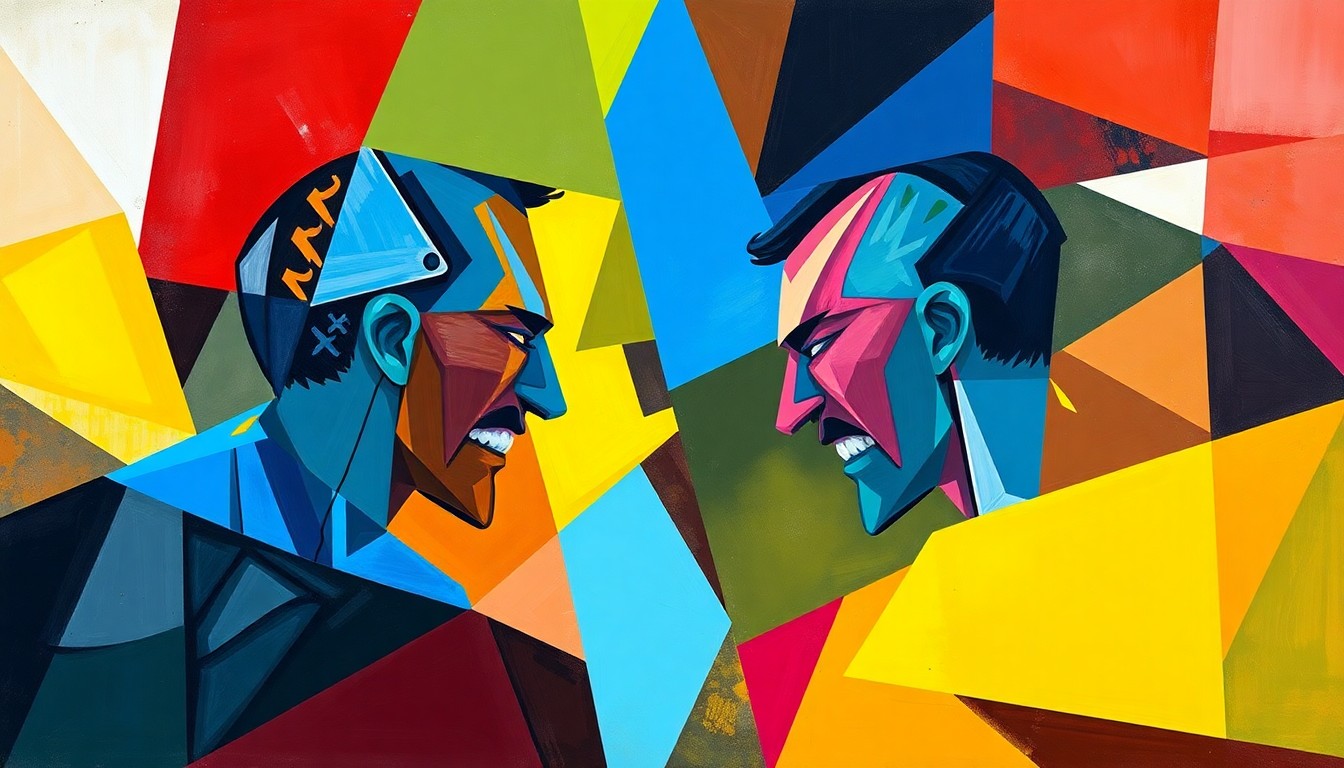 A fractured, geometric painting in vibrant colors representing an esports match between two teams, Heroic and Spirit, with the players and action deconstructed into sharp, overlapping planes.