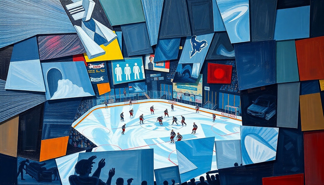 A cubist, geometric painting depicting a hockey game or match, with sharp, overlapping planes of color and shape that capture the dynamic energy and movement of the sport.