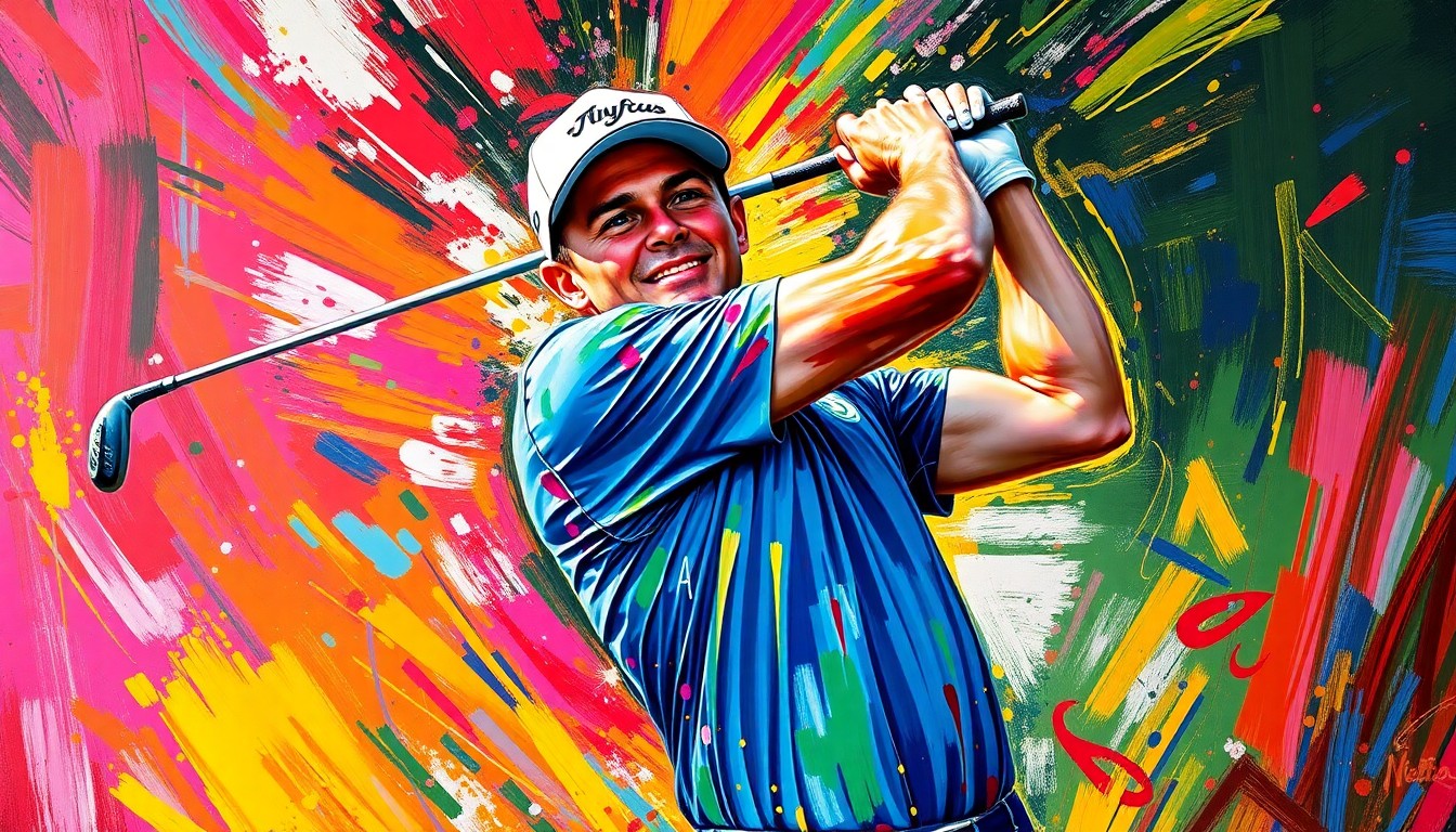 An abstract, energetic painting featuring bold, neon-colored brushstrokes that evoke the powerful swing and dynamic motion of a professional golfer, conceptually representing Jack Nicklaus' reacquisition of the company that bears his name and legacy.