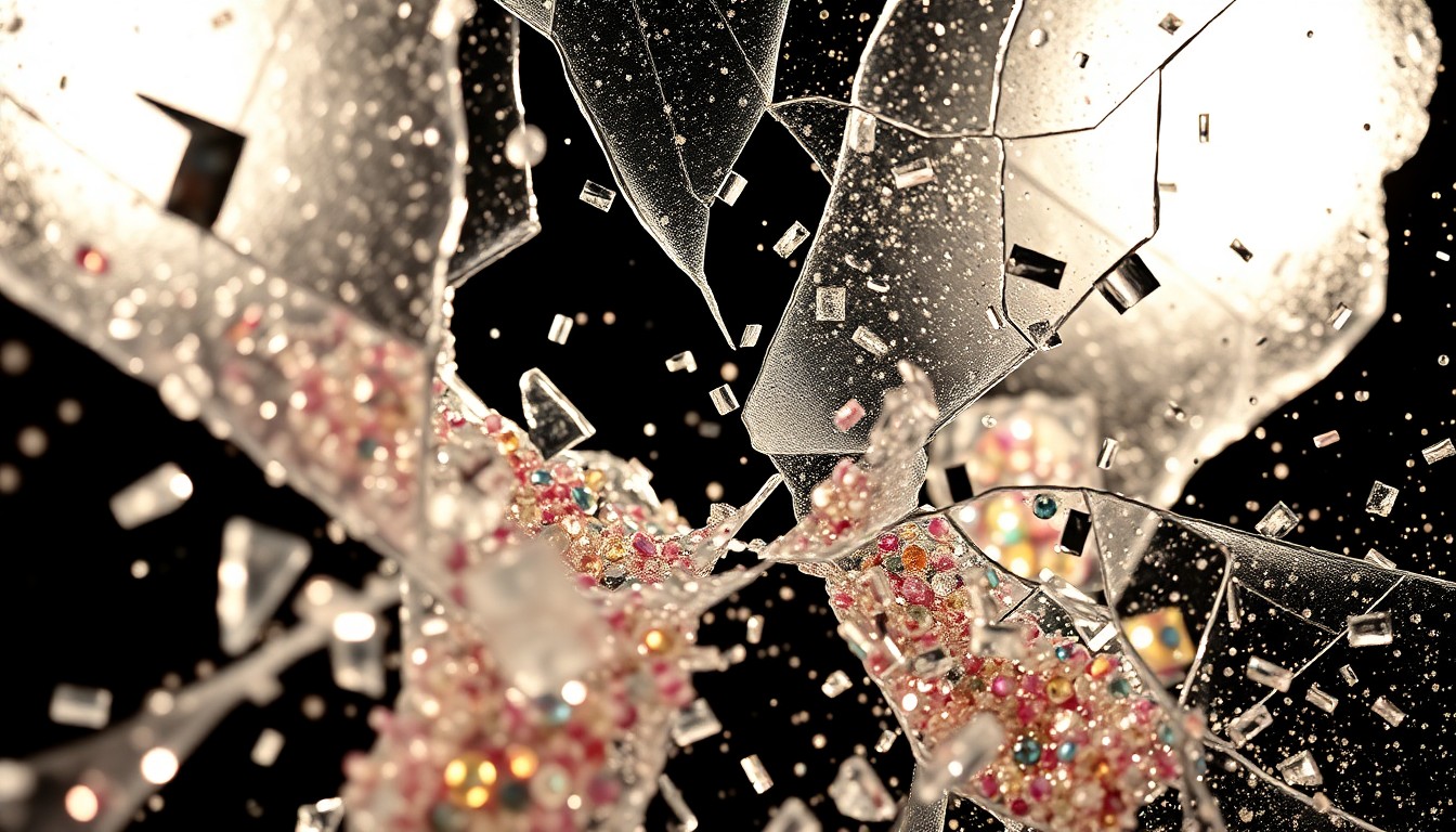 An abstract close-up image featuring shattered glass and glittering sequins, captured in high-contrast studio lighting to convey the fractured relationships and hidden secrets at the heart of the Days of Our Lives storylines.