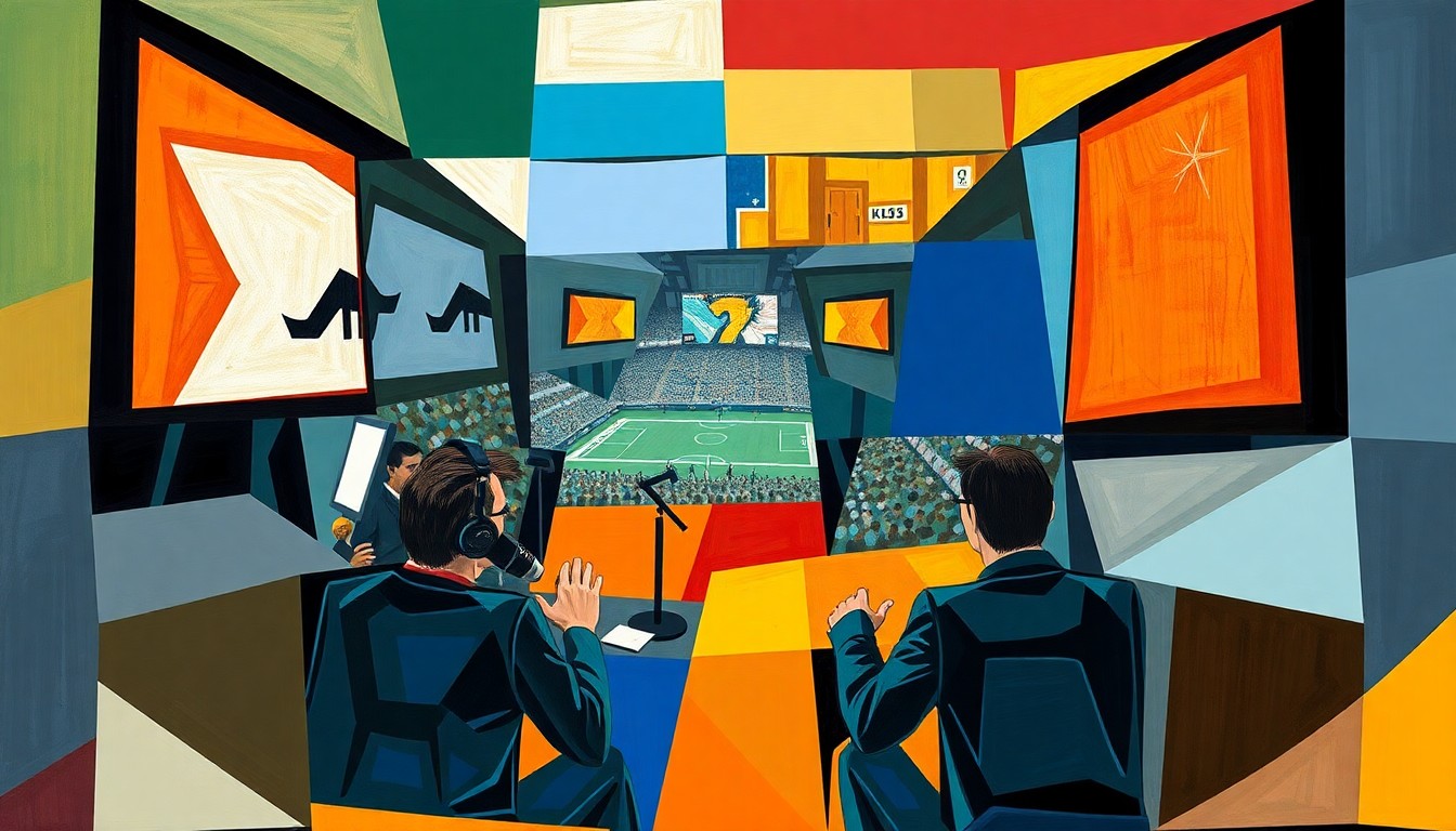 A cubist, geometric painting depicting a fragmented sports radio broadcast, with abstract shapes and planes representing the hosts, audience, and energy of the live event.
