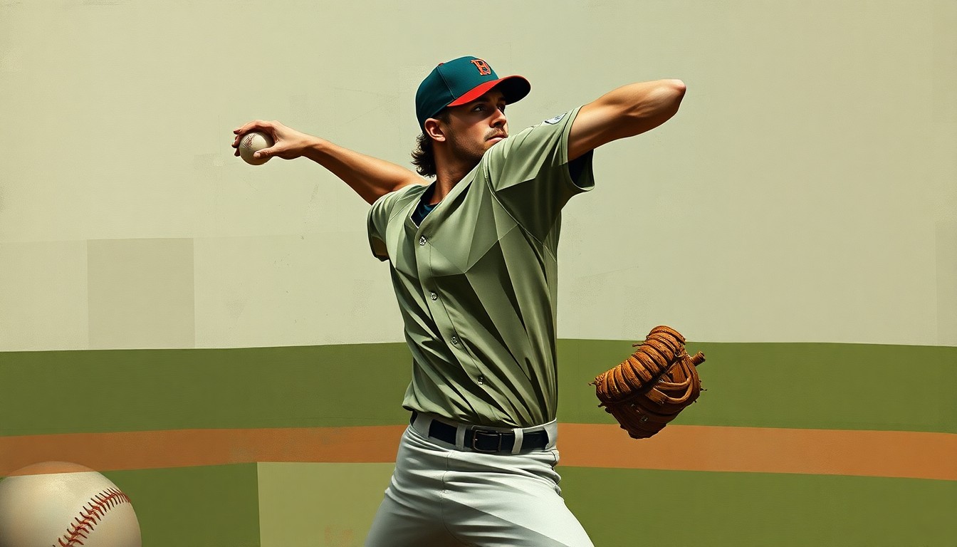 A cubist-style painting depicting a baseball pitcher's delivery broken down into sharp, overlapping geometric shapes and planes in muted earth tones, conveying the fragmented and troubled state of the White Sox's pitching staff.