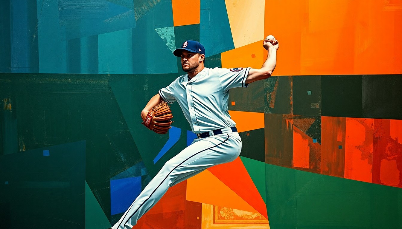 A cubist-style painting depicting a baseball pitcher's motion broken down into sharp, overlapping geometric shapes in navy, green, and orange, conveying the strategic nature of the Orioles' salary arbitration win.