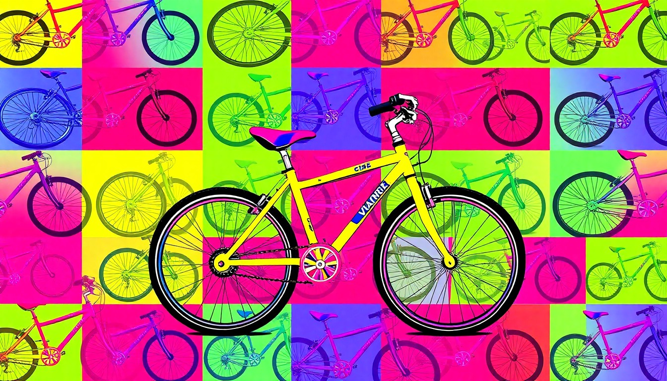 A brightly colored, high-contrast silkscreen print of a child's bicycle repeated in a tight grid pattern, capturing the vibrant energy and pop art aesthetic of the Orem bike bus program.