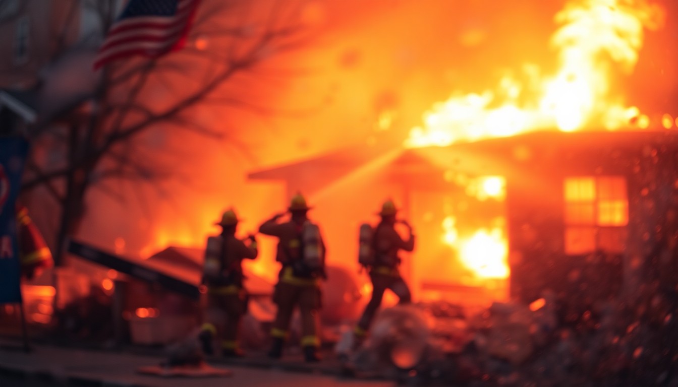 An abstract, impressionistic scene of firefighters battling a house fire, with soft, blurred pools of warm color and light conveying the urgency and chaos of the situation.