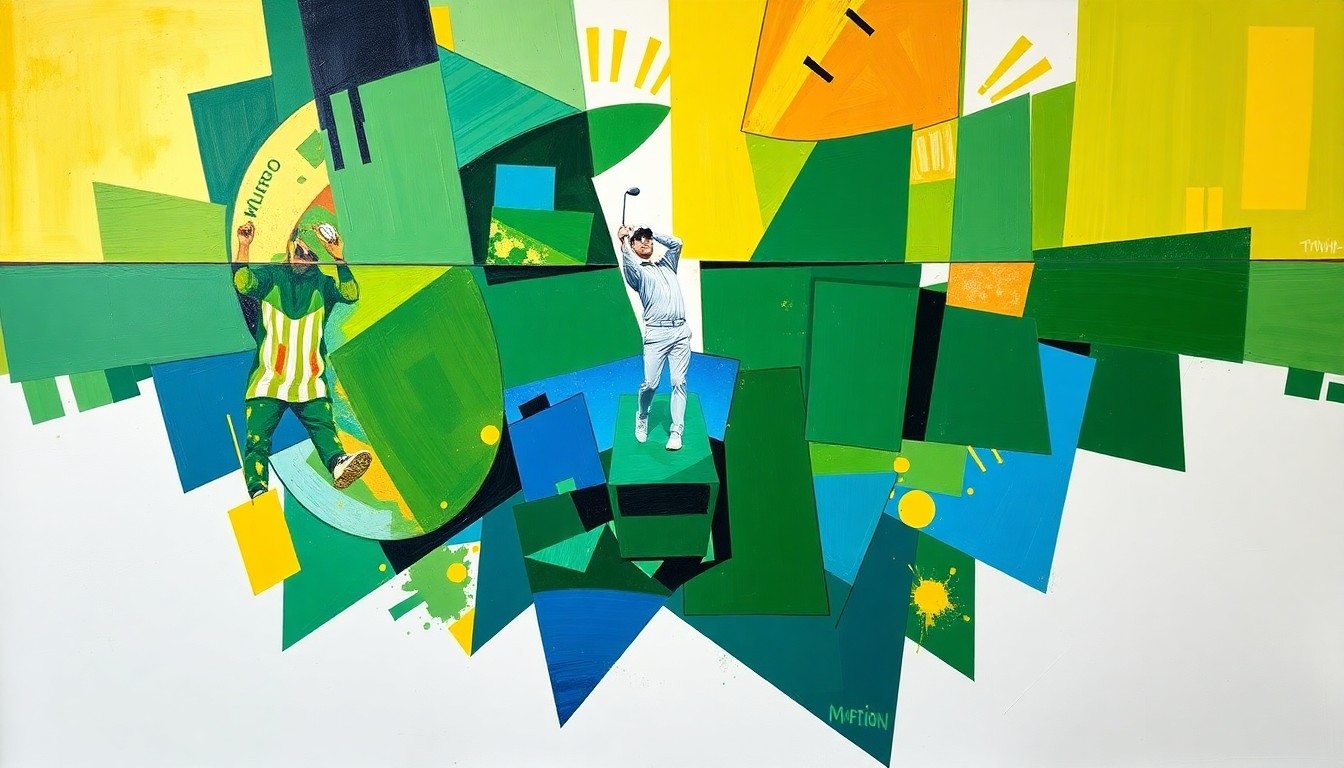 A fractured, multi-perspective painting in vibrant greens, blues, and golds, depicting Rory McIlroy's Masters victory through a cubist lens, with sharp, overlapping geometric planes that capture the energy and emotion of the moment.