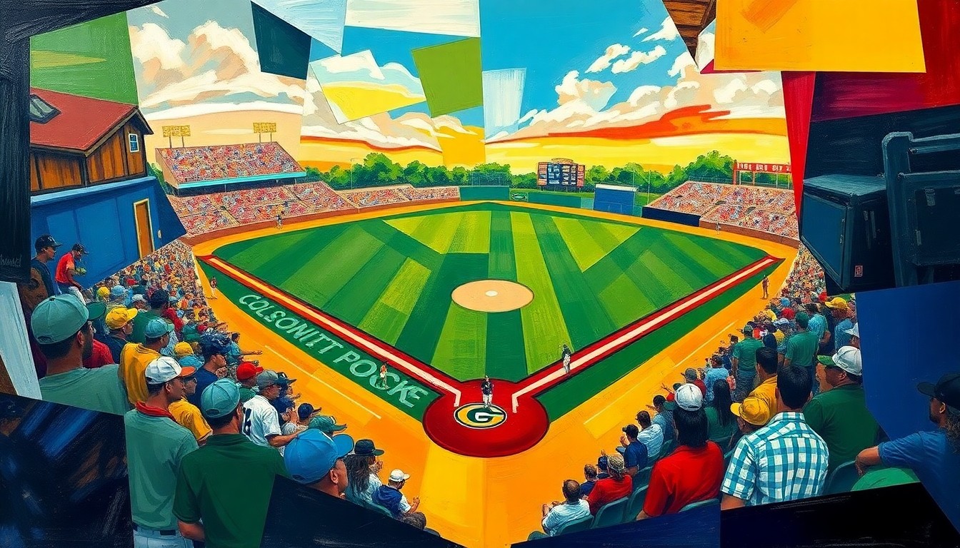 A fragmented, geometric painting in shades of green, blue, and red, representing the overlapping movements and perspectives of a high school baseball game.