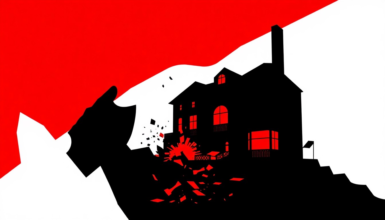 An abstract, minimalist illustration featuring sharp, jagged shapes in bold red and black, conceptually representing the demolition of a luxury mansion and the legal drama surrounding it.