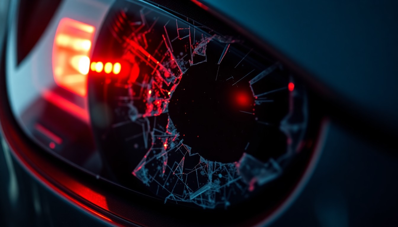An extreme close-up of a shattered car sensor lens reflecting a faint red light, conceptually illustrating the vandalism of self-driving cars.