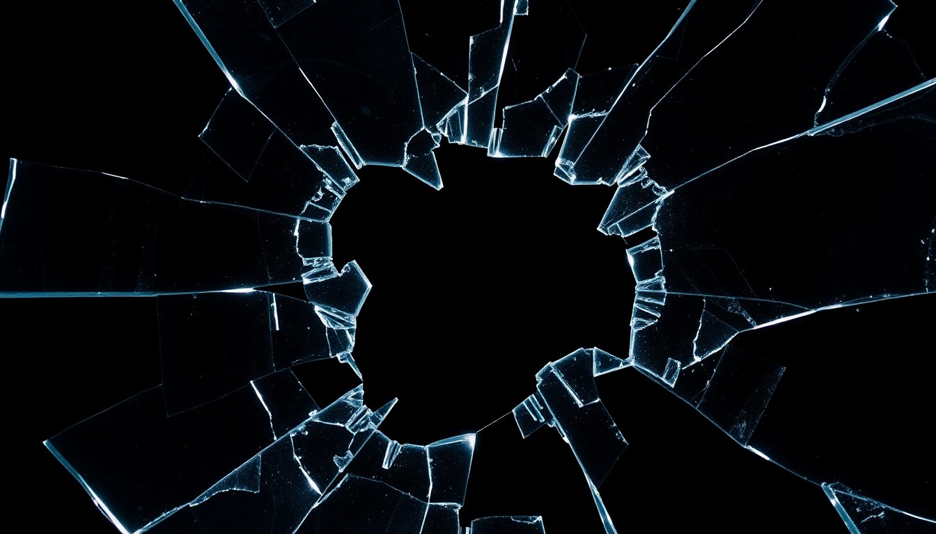 An extreme close-up of shattered glass reflecting dramatic studio lighting, conceptually representing the fragile and high-stakes nature of celebrity disputes.