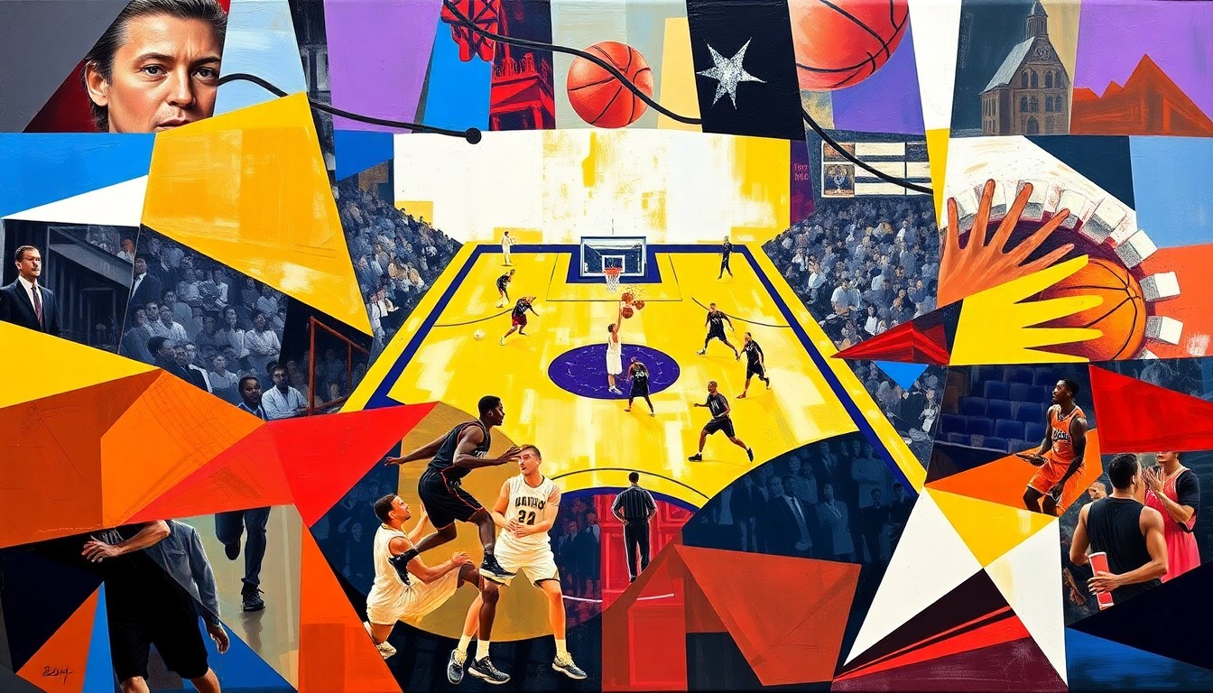 A fractured, multi-perspective painting in the style of Pablo Picasso, breaking down a basketball game into sharp, overlapping geometric planes. The painting captures the intensity and back-and-forth nature of the game, with players' movements and the ball's trajectory deconstructed into abstract shapes and forms.
