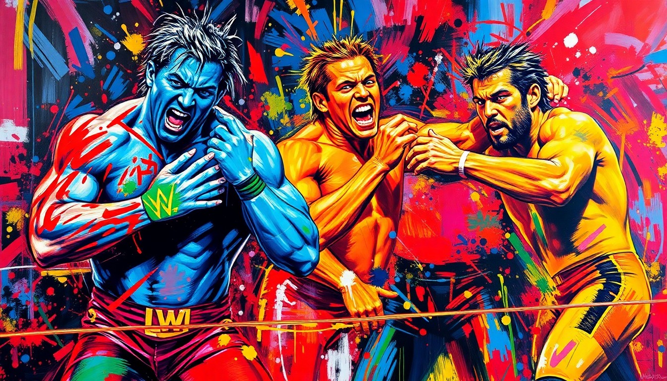 An abstract, neon-colored painting featuring dynamic, distorted figures of wrestlers engaged in intense action, with faces and logos dissolved into unrecognizable splatters of paint, conceptually representing the raw power and excitement of professional wrestling.